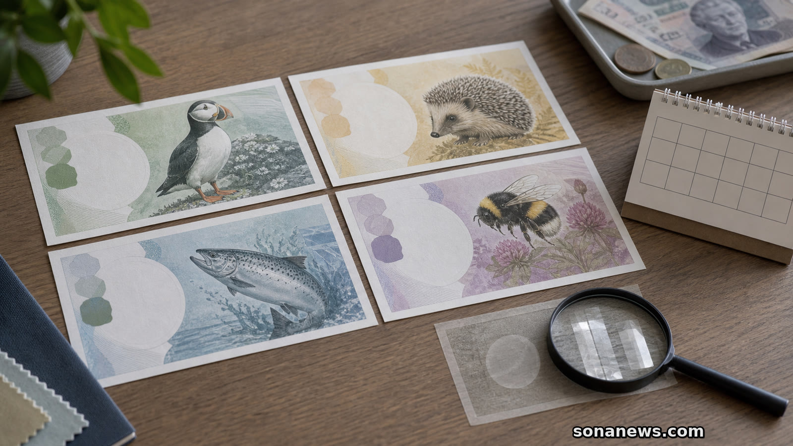 Banknote design desk with British wildlife tiles, four note mockups and a consultation calendar.