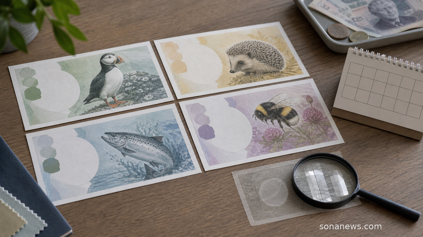 Banknote design desk with British wildlife tiles, four note mockups and a consultation calendar.