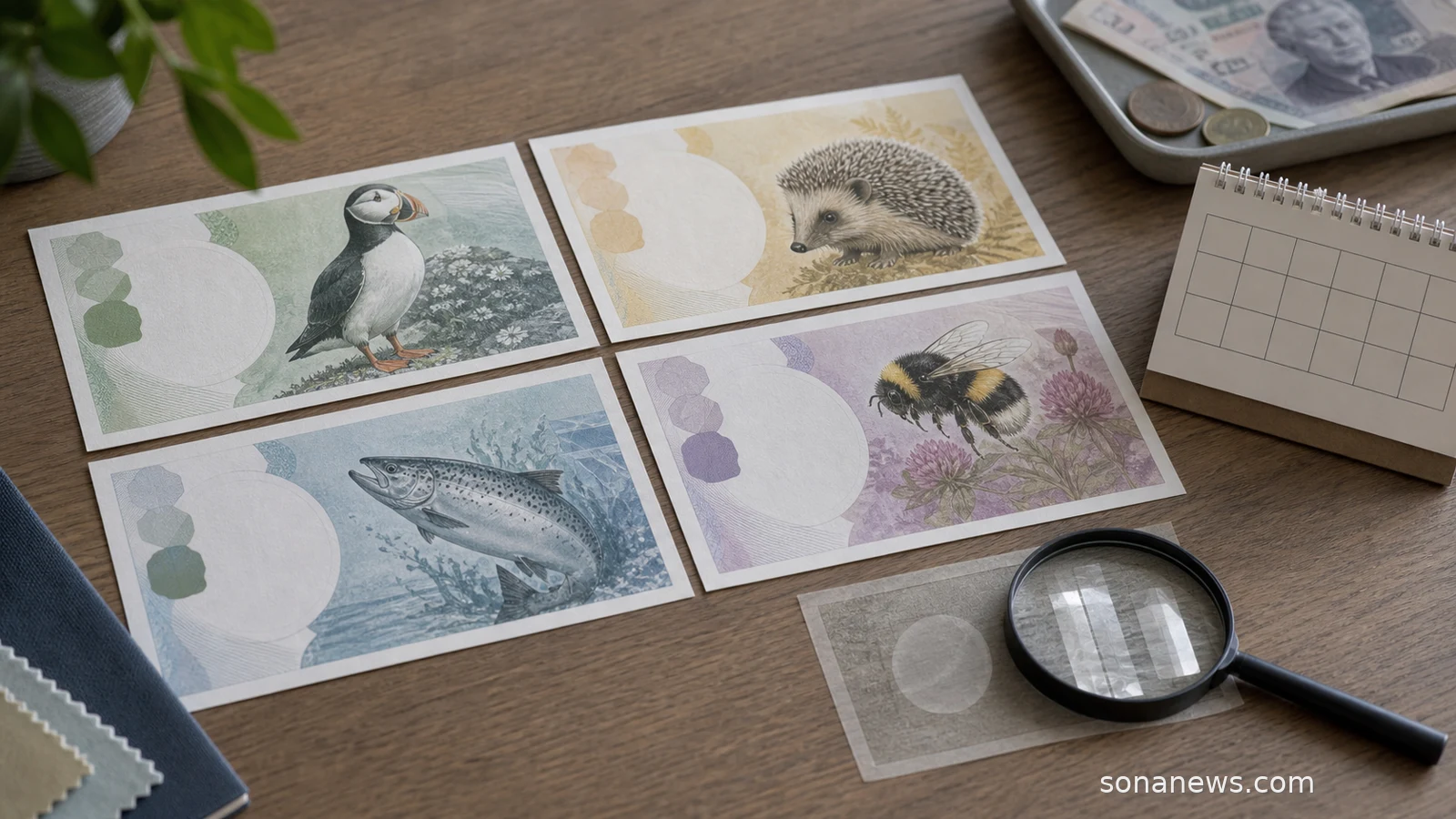 Banknote design desk with British wildlife tiles, four note mockups and a consultation calendar.