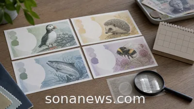 Banknote design desk with British wildlife tiles, four note mockups and a consultation calendar.