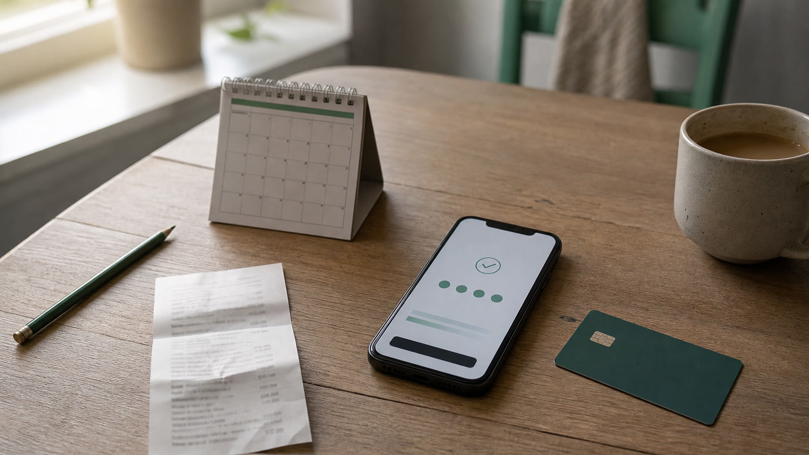 Phone, receipt and calendar on a desk, suggesting an instalment payment at checkout.