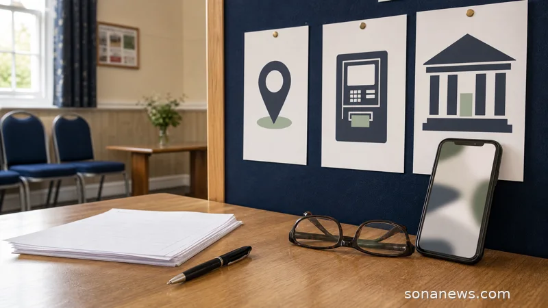 Community noticeboard, blank cash-access request forms and unbranded bank cards for a UK branch closure article.