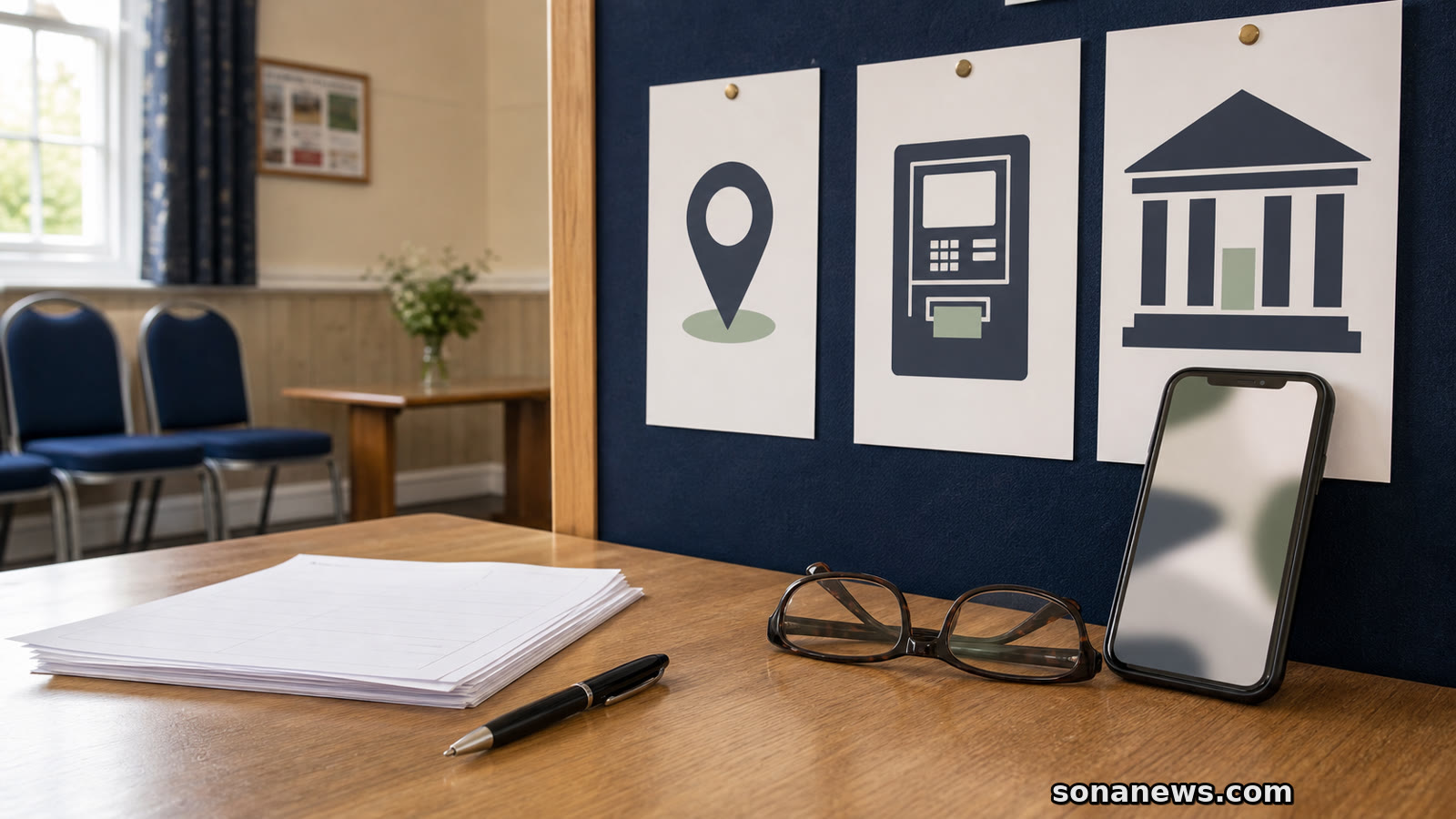 Community noticeboard, blank cash-access request forms and unbranded bank cards for a UK branch closure article.