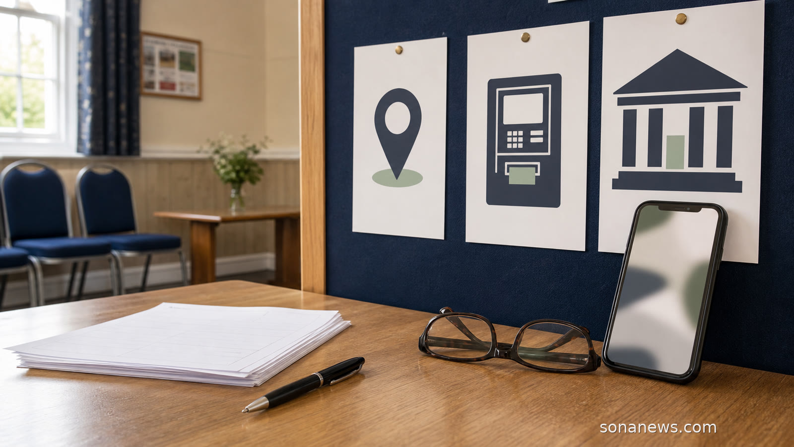 Community noticeboard, blank cash-access request forms and unbranded bank cards for a UK branch closure article.