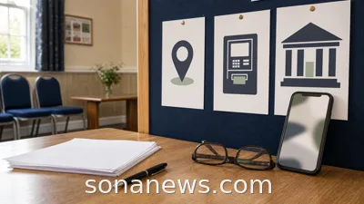Community noticeboard, blank cash-access request forms and unbranded bank cards for a UK branch closure article.