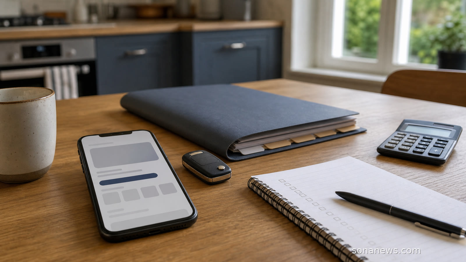 Smartphone with a blurred car finance claims advert beside keys and paperwork on a table.