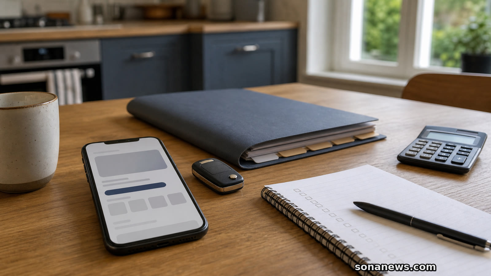 Smartphone with a blurred car finance claims advert beside keys and paperwork on a table.