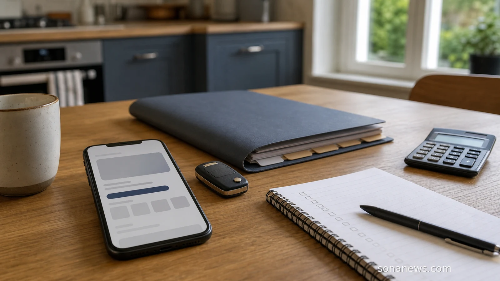 Smartphone with a blurred car finance claims advert beside keys and paperwork on a table.