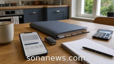 Smartphone with a blurred car finance claims advert beside keys and paperwork on a table.