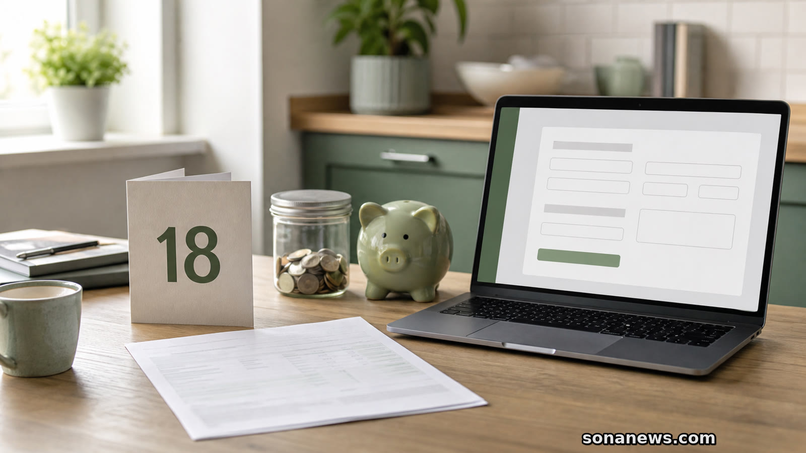 An 18th birthday card, blurred savings statement and laptop provider lookup scene for a Child Trust Fund account.
