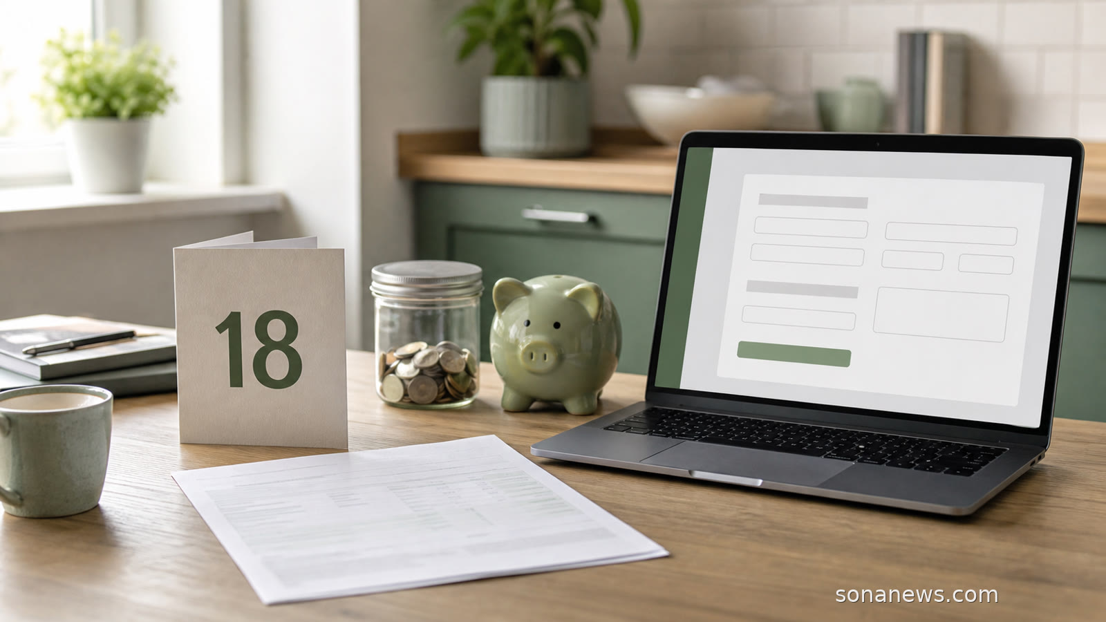 An 18th birthday card, blurred savings statement and laptop provider lookup scene for a Child Trust Fund account.