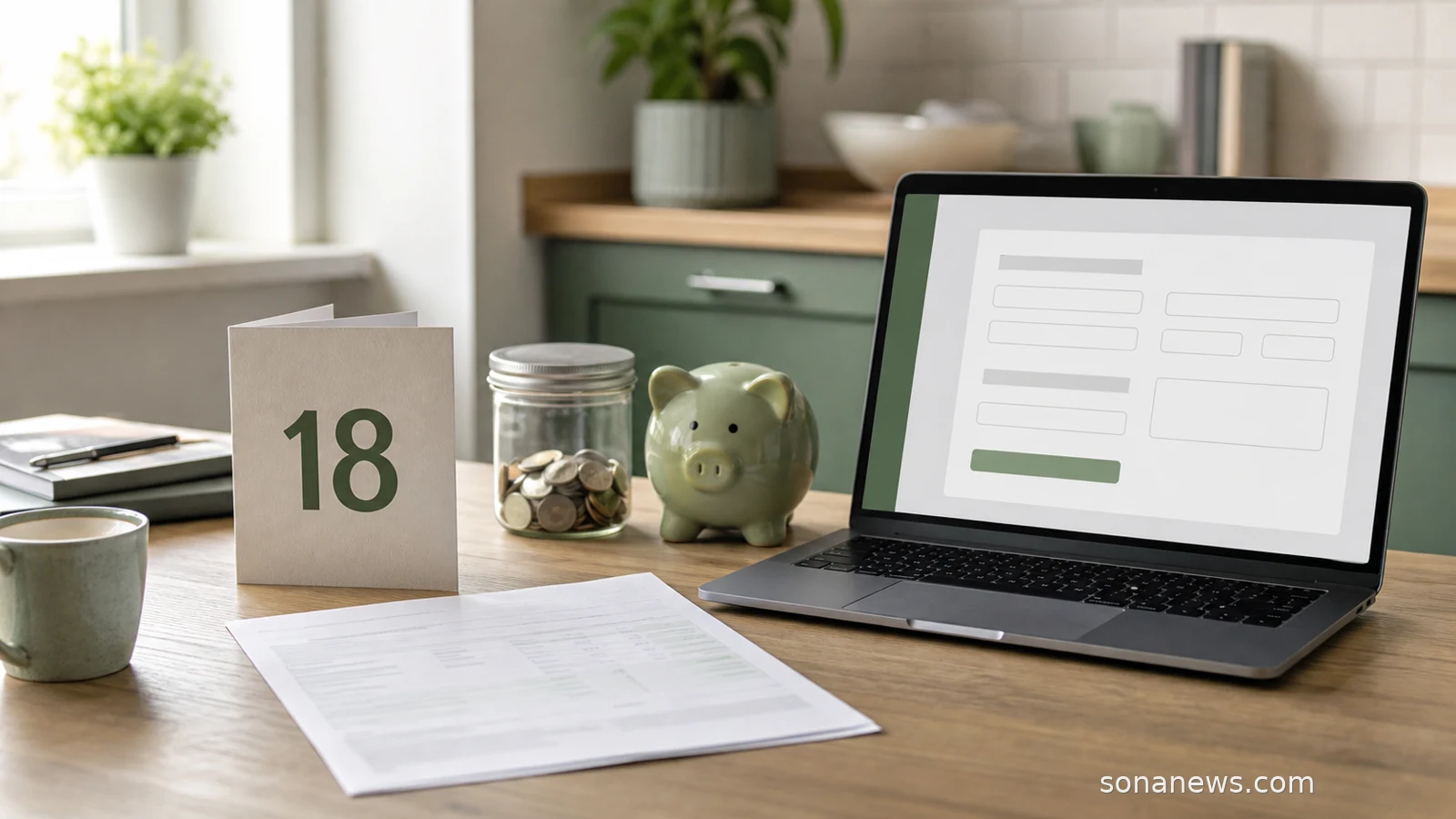An 18th birthday card, blurred savings statement and laptop provider lookup scene for a Child Trust Fund account.