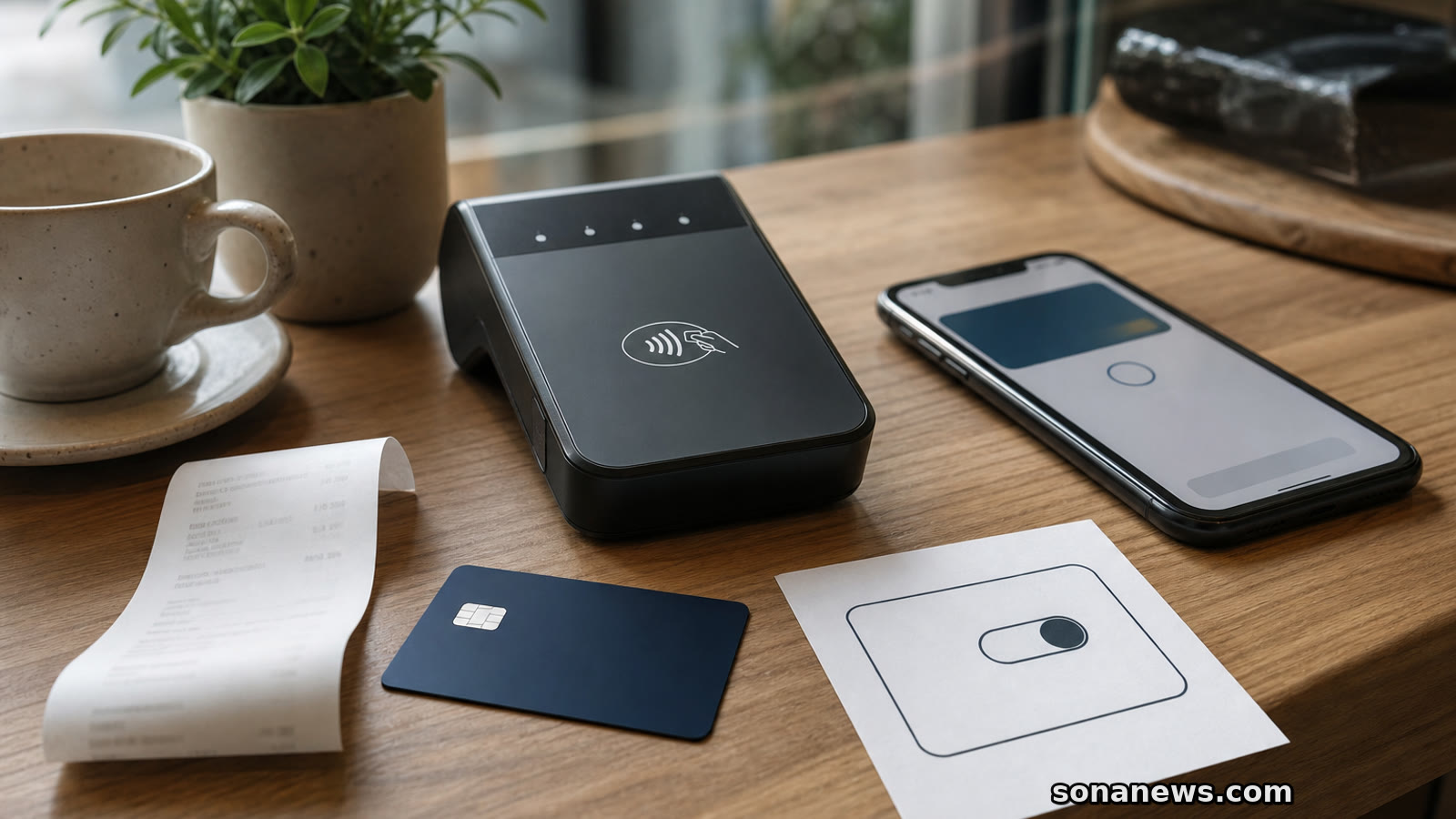 Contactless payment terminal, face-down bank card and phone wallet on a cafe table for a UK contactless limit change.