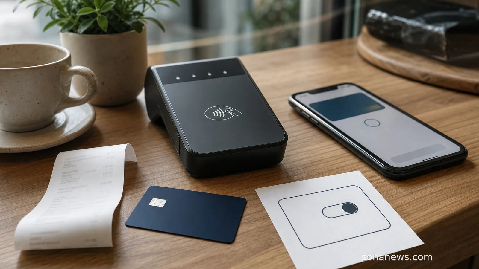 Contactless payment terminal, face-down bank card and phone wallet on a cafe table for a UK contactless limit change.