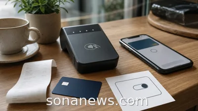 Contactless payment terminal, face-down bank card and phone wallet on a cafe table for a UK contactless limit change.