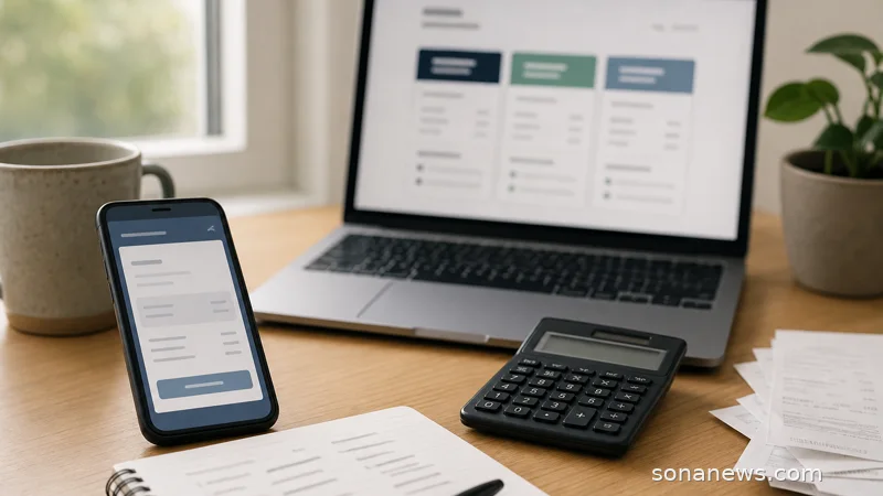 Smartphone, calculator and notebook on a desk for checking credit advert costs.