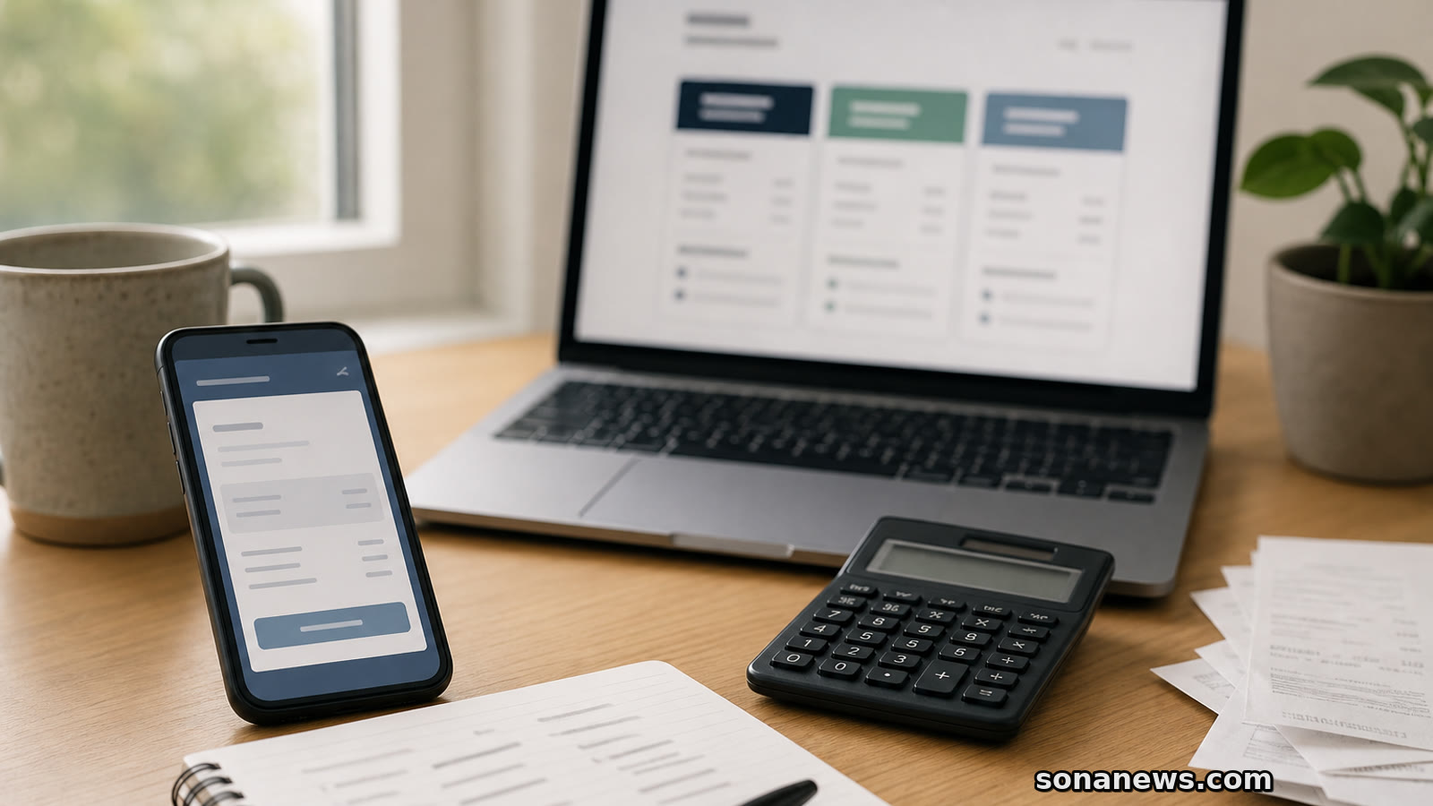 Smartphone, calculator and notebook on a desk for checking credit advert costs.