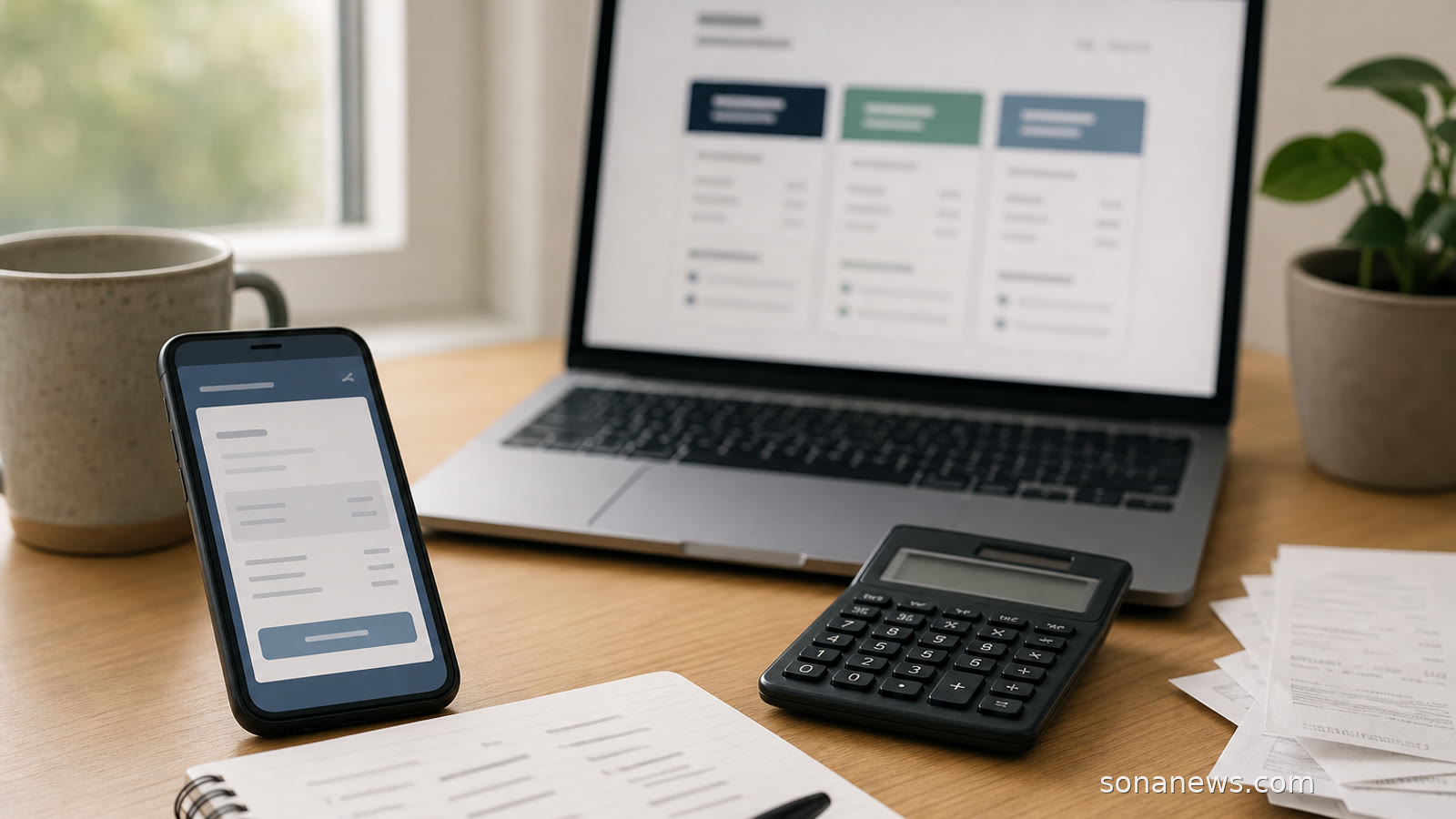 Smartphone, calculator and notebook on a desk for checking credit advert costs.