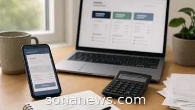 Smartphone, calculator and notebook on a desk for checking credit advert costs.