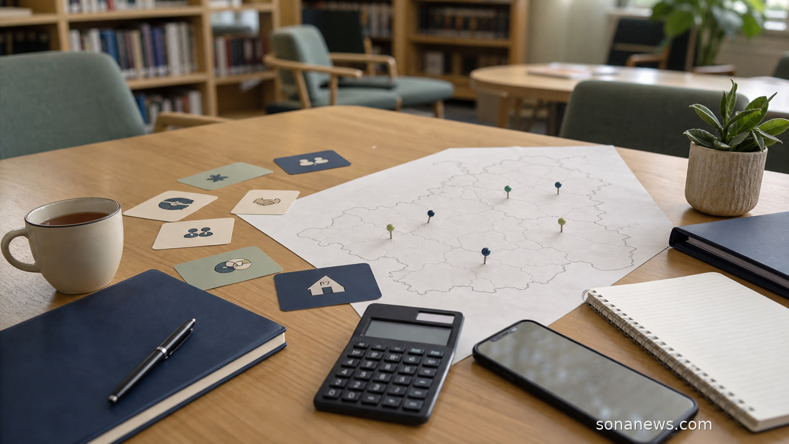 Community finance desk with blank cards and a map for a UK credit union membership reform article.