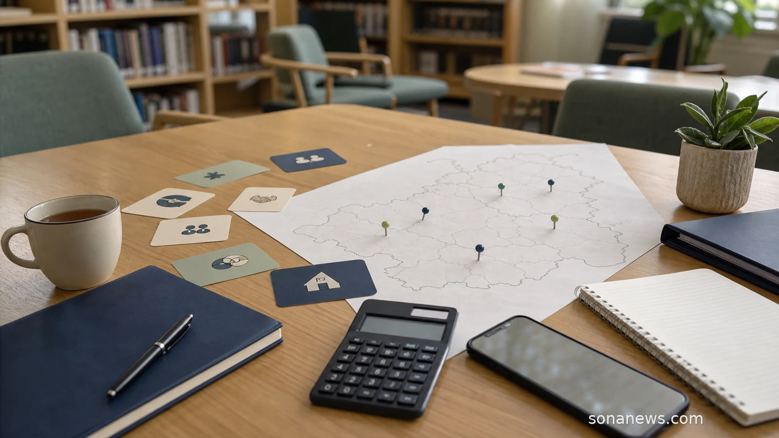 Community finance desk with blank cards and a map for a UK credit union membership reform article.