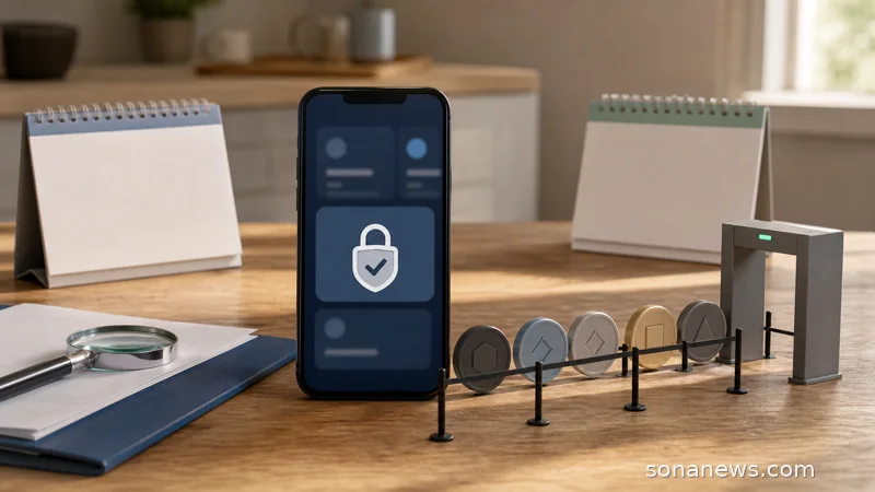 Home desk with a crypto wallet phone, token queue and calendar cards for UK crypto regulation.