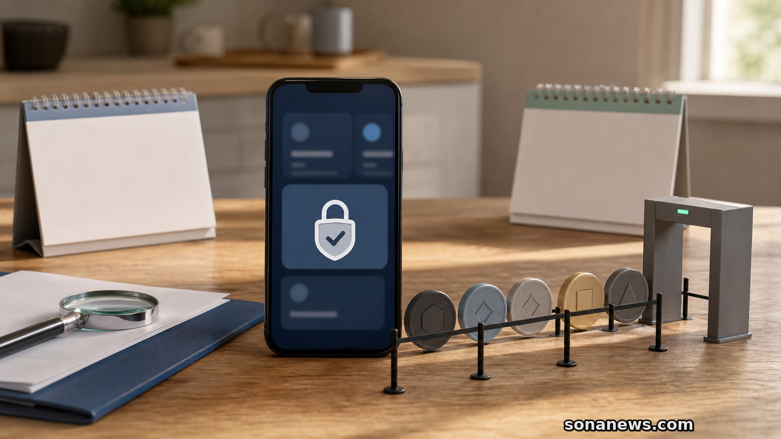 Home desk with a crypto wallet phone, token queue and calendar cards for UK crypto regulation.