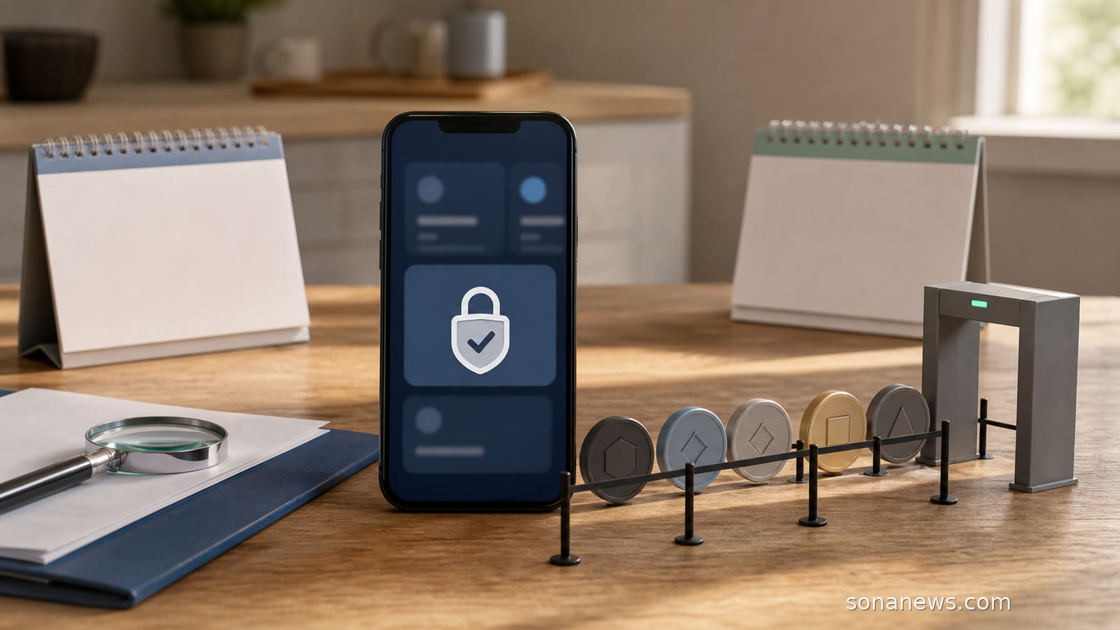 Home desk with a crypto wallet phone, token queue and calendar cards for UK crypto regulation.