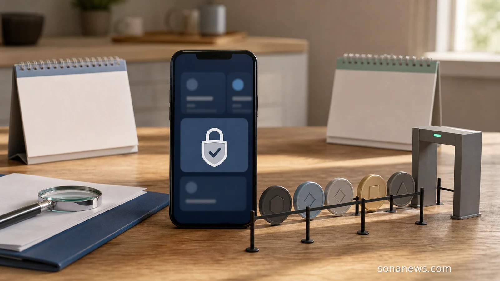 Home desk with a crypto wallet phone, token queue and calendar cards for UK crypto regulation.