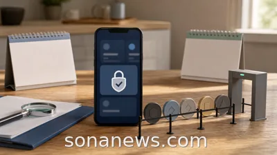 Home desk with a crypto wallet phone, token queue and calendar cards for UK crypto regulation.