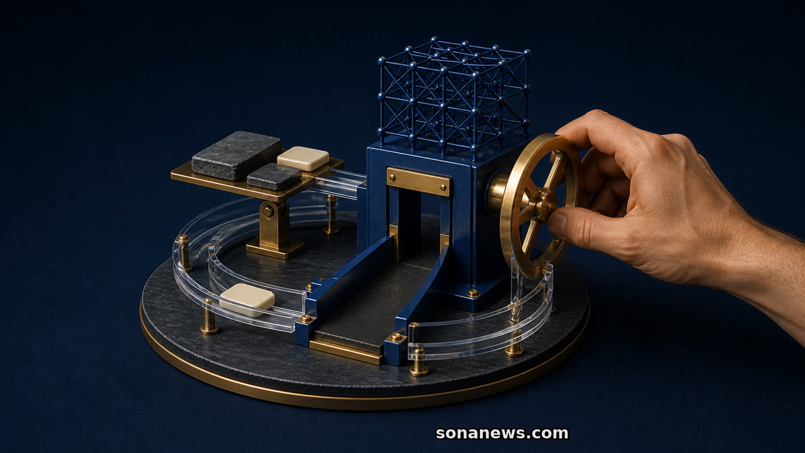 Conceptual automated EU credit review mechanism reroutes a blank application token towards a human-operated brass wheel.