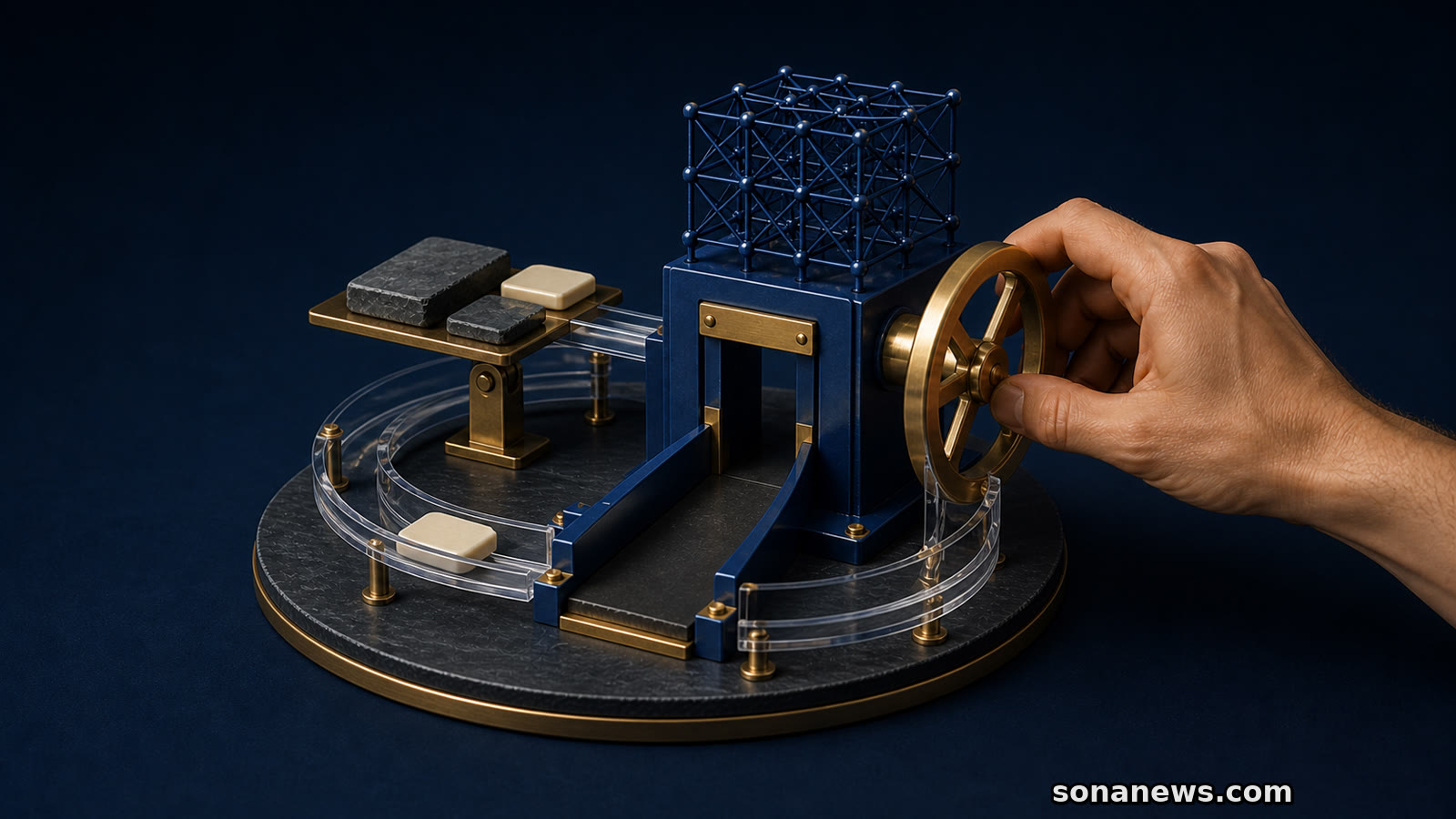 Conceptual automated EU credit review mechanism reroutes a blank application token towards a human-operated brass wheel.