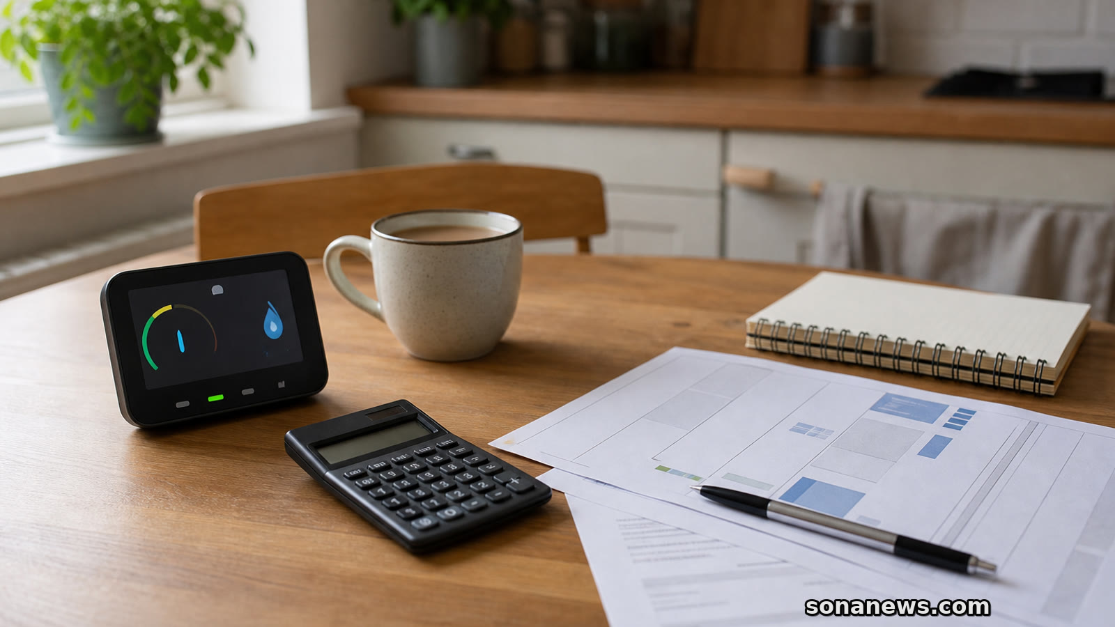 Smart meter, calculator and plain energy bill on a kitchen table for a UK energy price cap check.