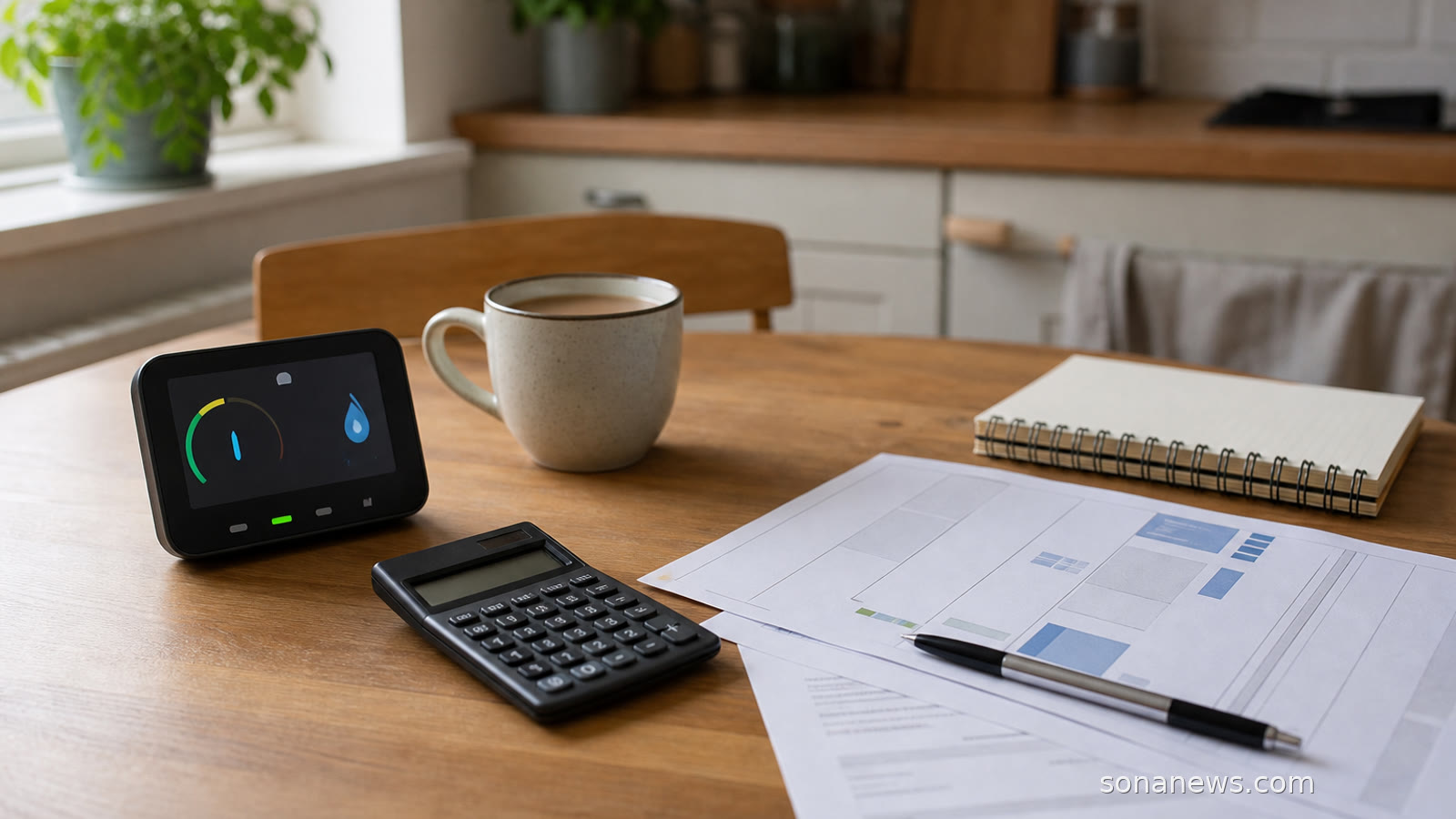 Smart meter, calculator and plain energy bill on a kitchen table for a UK energy price cap check.