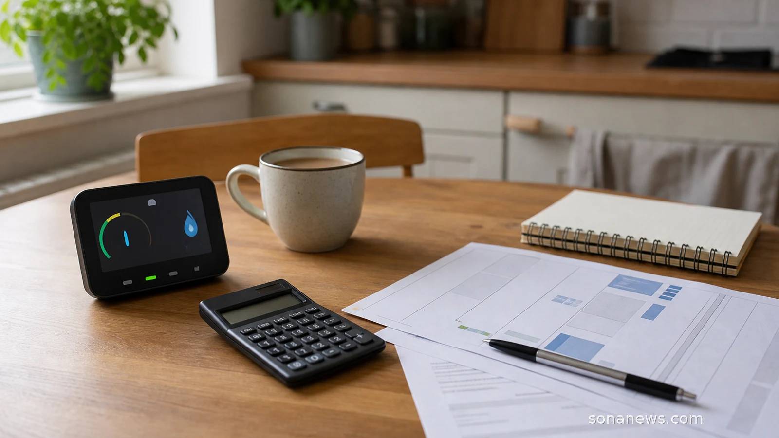Smart meter, calculator and plain energy bill on a kitchen table for a UK energy price cap check.