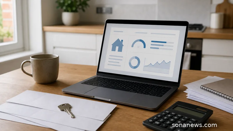 House keys, blank mortgage paperwork and a laptop with an abstract affordability screen on a kitchen table.