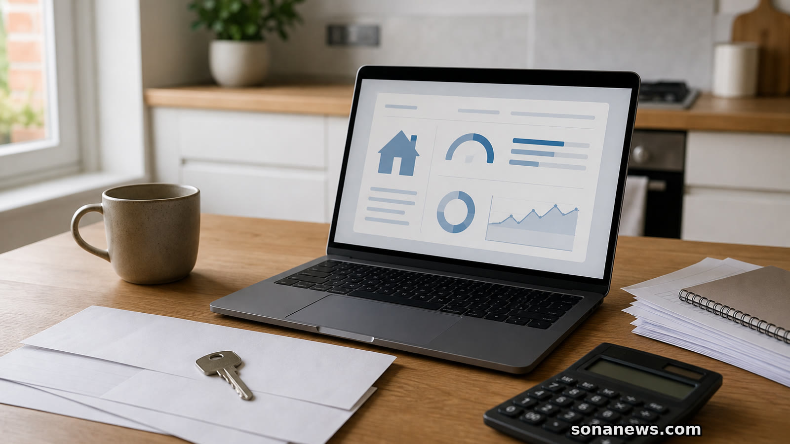 House keys, blank mortgage paperwork and a laptop with an abstract affordability screen on a kitchen table.