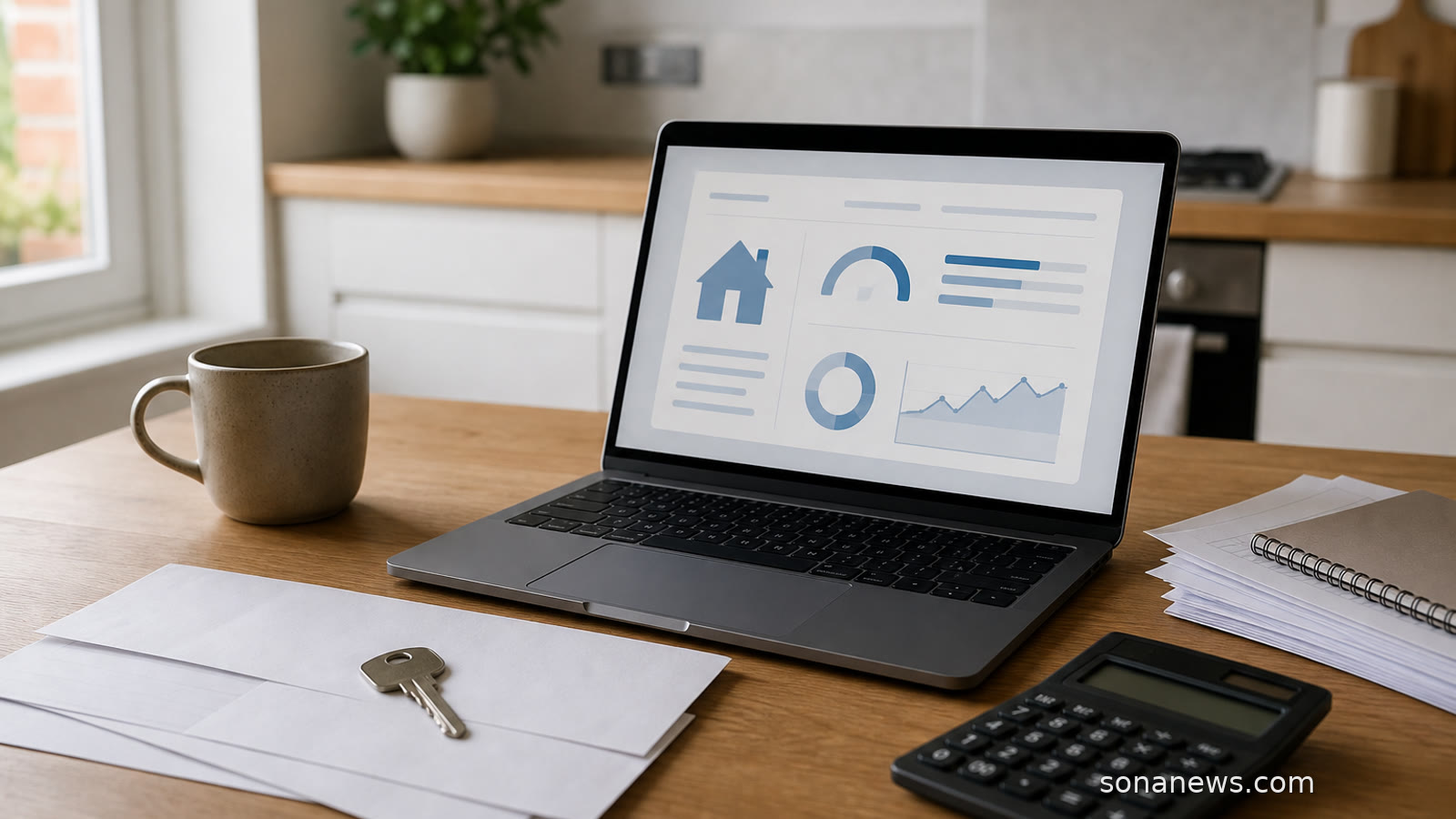House keys, blank mortgage paperwork and a laptop with an abstract affordability screen on a kitchen table.