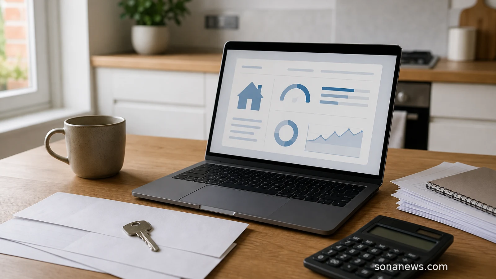 House keys, blank mortgage paperwork and a laptop with an abstract affordability screen on a kitchen table.