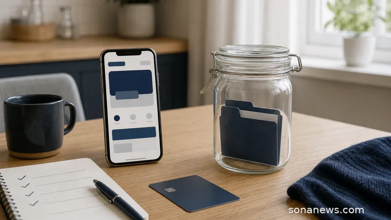 Smartphone wallet balance, plain prepaid card and notebook on a table for UK payment app safeguarding rules.