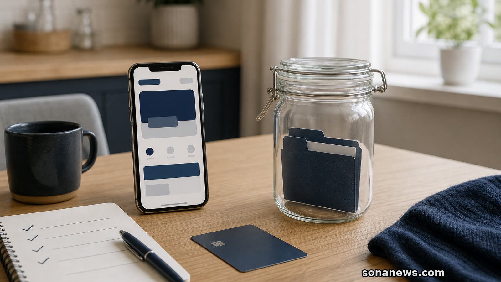 Smartphone wallet balance, plain prepaid card and notebook on a table for UK payment app safeguarding rules.