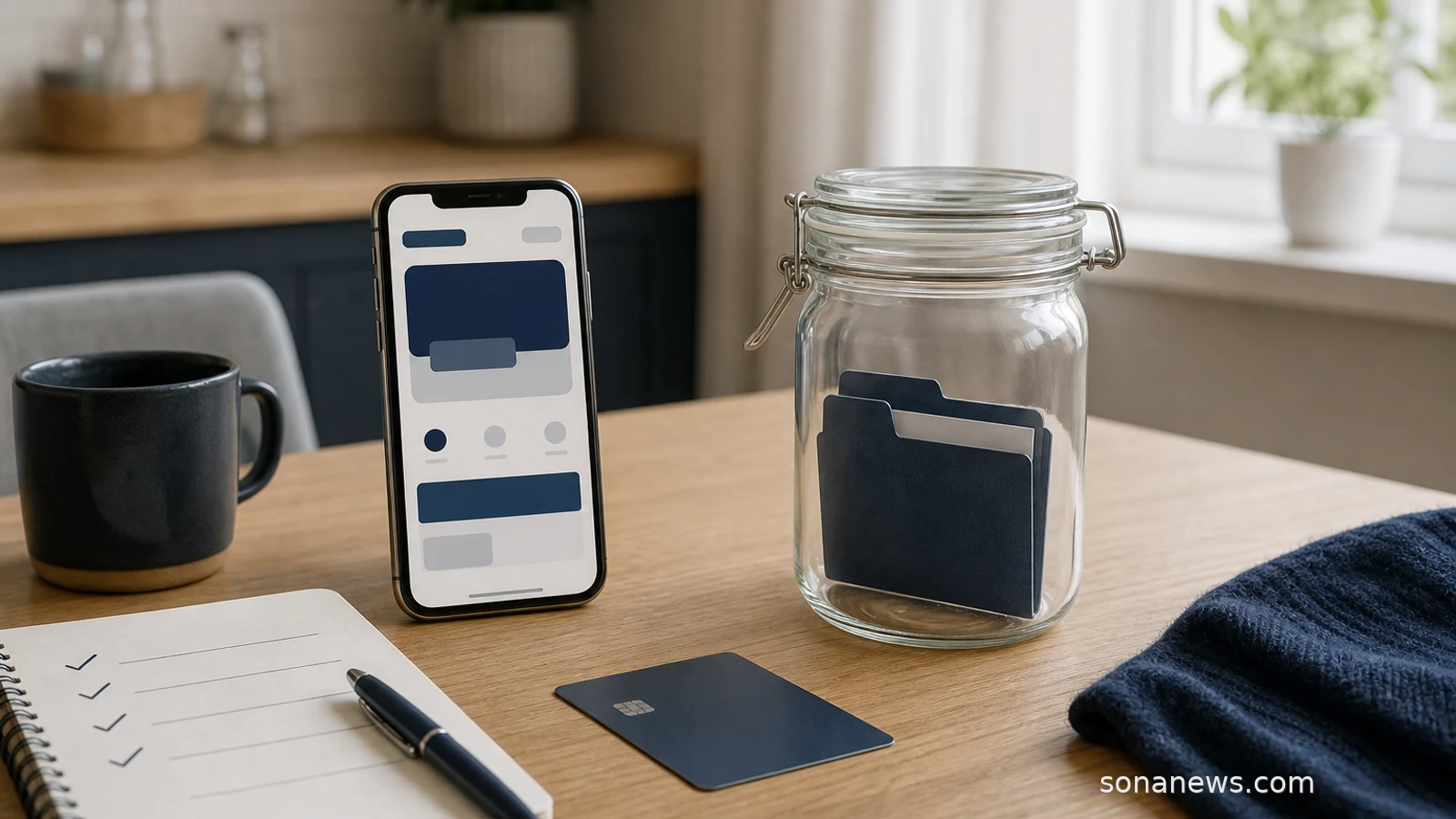 Smartphone wallet balance, plain prepaid card and notebook on a table for UK payment app safeguarding rules.