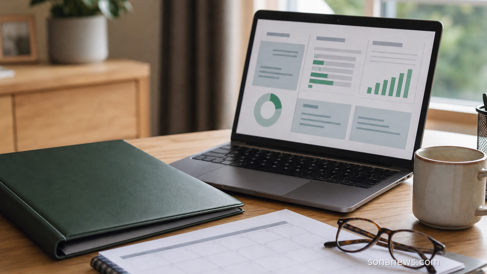 Laptop with an abstract pension dashboard, folders and glasses on a desk, illustrating pension records before a public app.