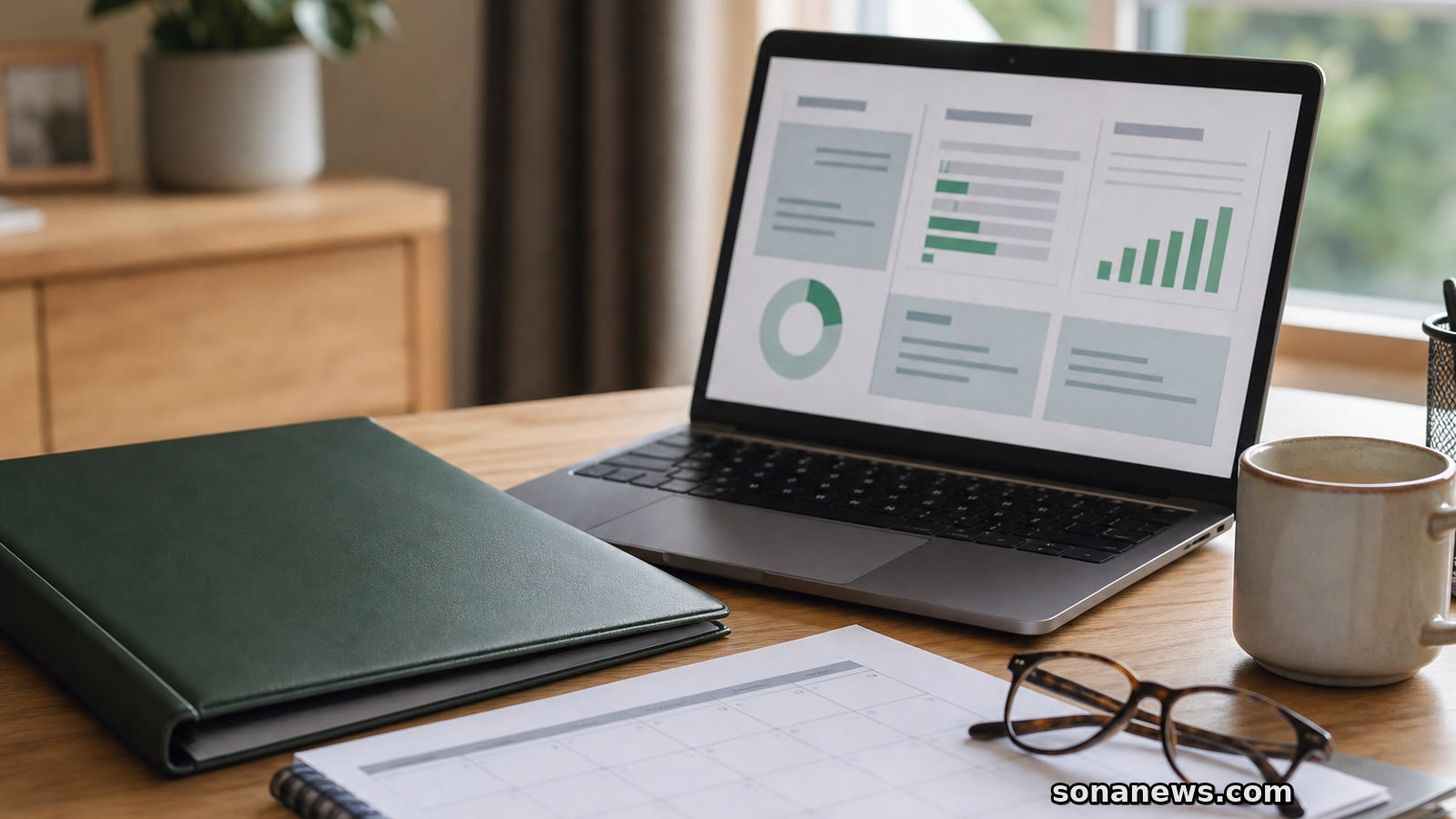 Laptop with an abstract pension dashboard, folders and glasses on a desk, illustrating pension records before a public app.