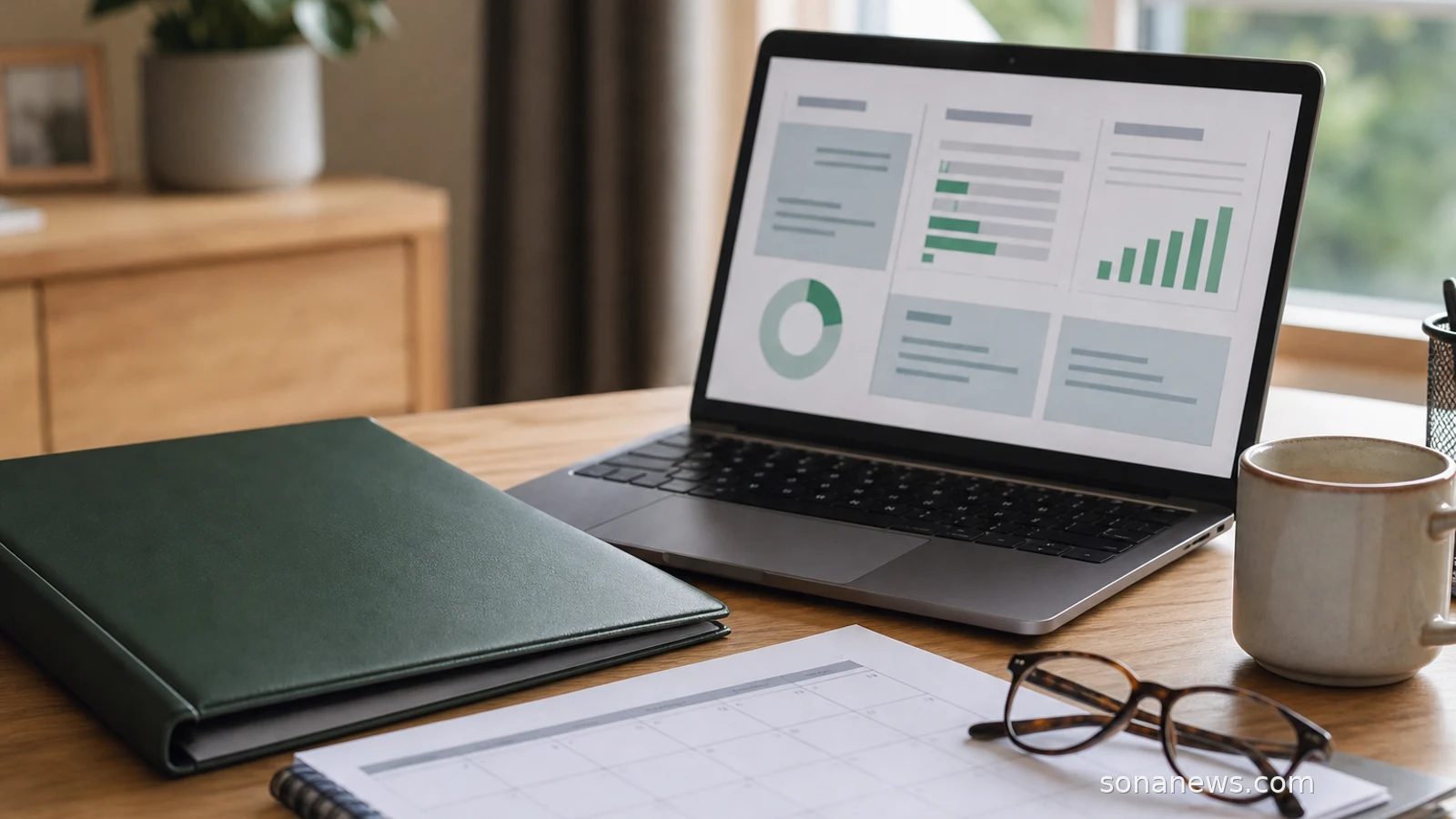 Laptop with an abstract pension dashboard, folders and glasses on a desk, illustrating pension records before a public app.