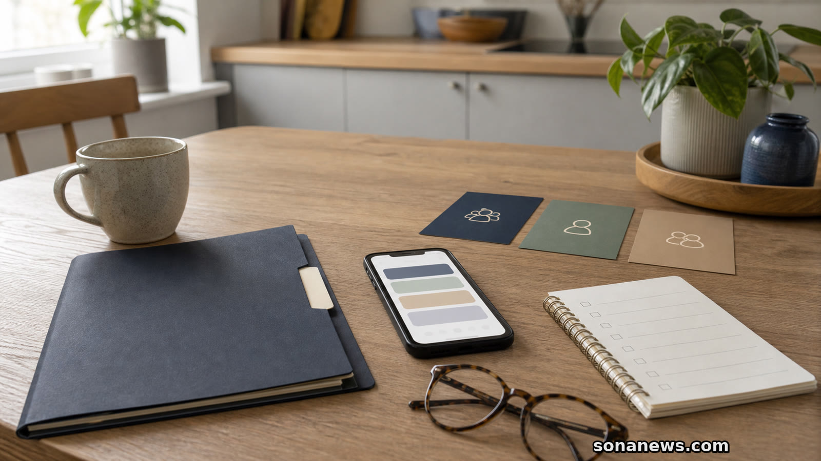 Pension folder, phone and grouped paper cards on a kitchen table for a targeted support money article.