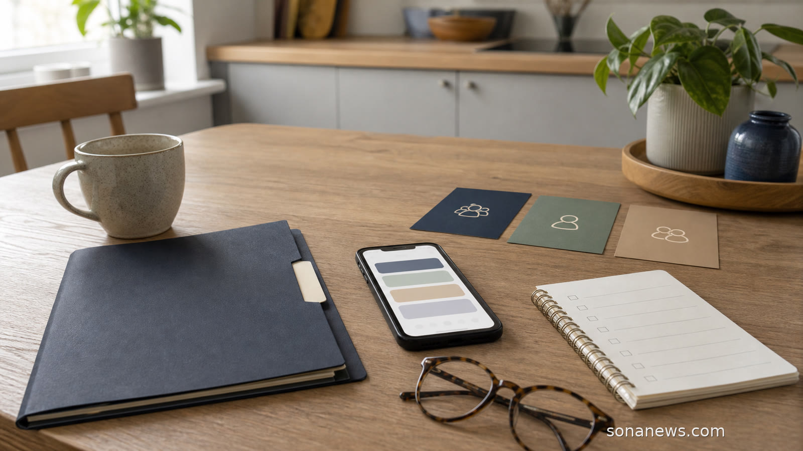 Pension folder, phone and grouped paper cards on a kitchen table for a targeted support money article.