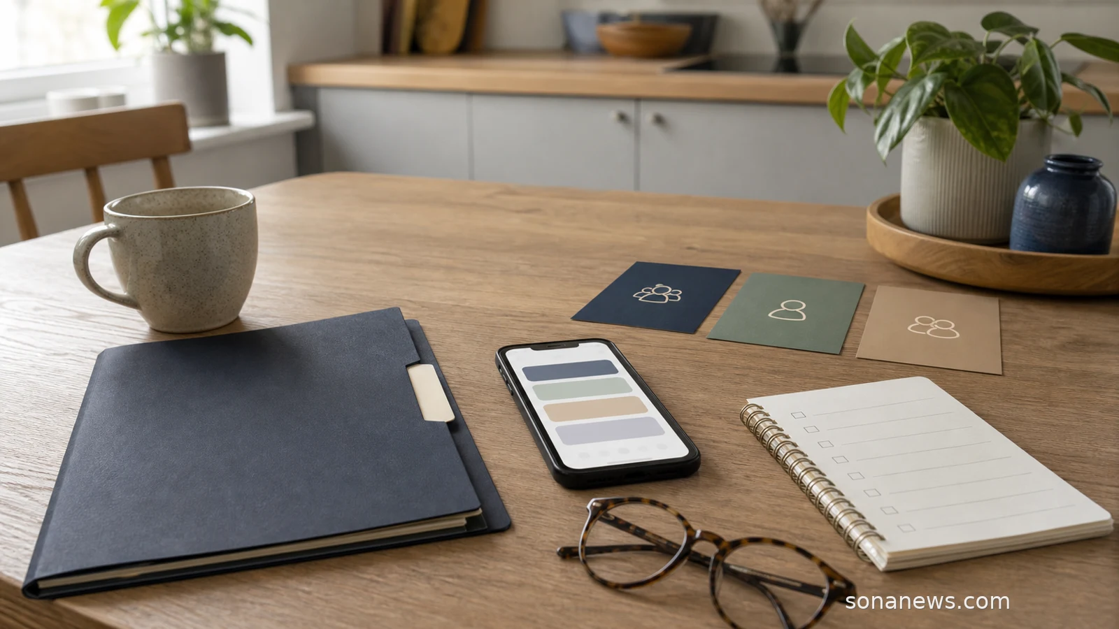 Pension folder, phone and grouped paper cards on a kitchen table for a targeted support money article.