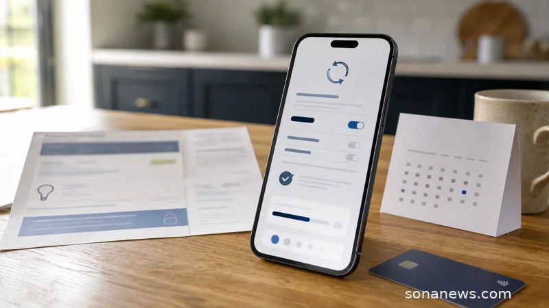 Kitchen table with a blurred open banking payment permission screen, utility bill and calendar for a recurring payments article.