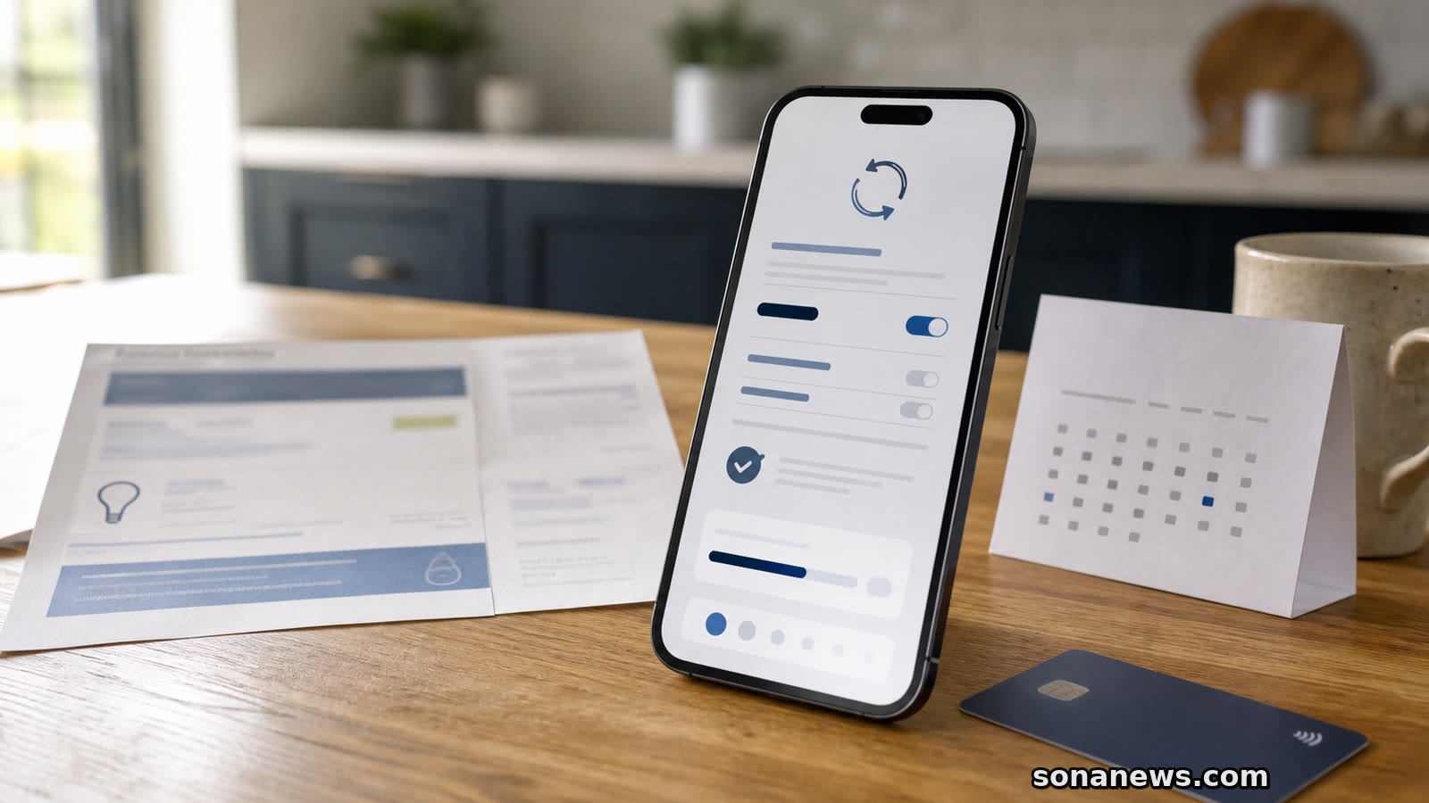 Kitchen table with a blurred open banking payment permission screen, utility bill and calendar for a recurring payments article.